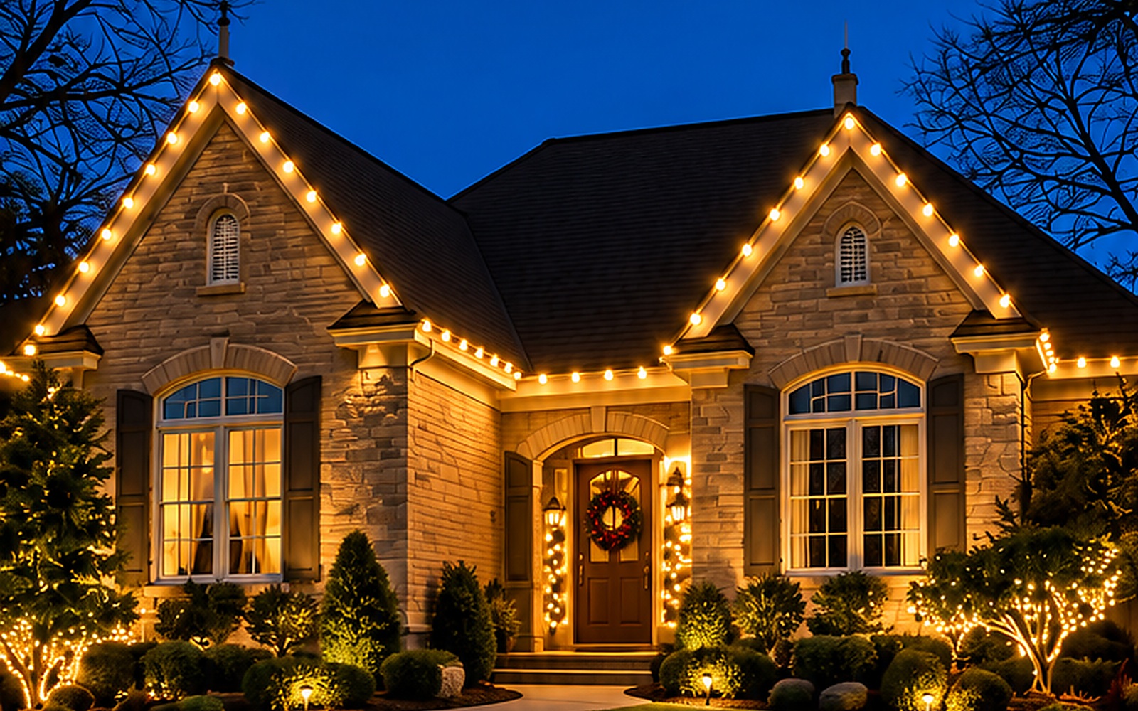 Example warm white roofline lighting on a home