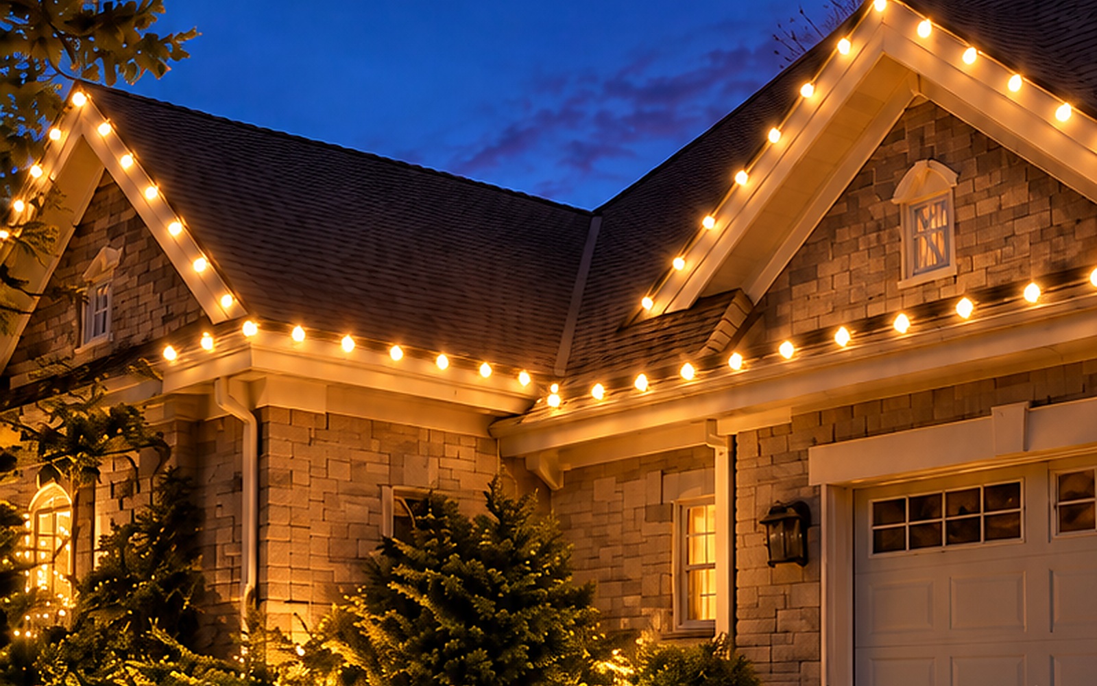Example holiday roofline lighting on a suburban home
