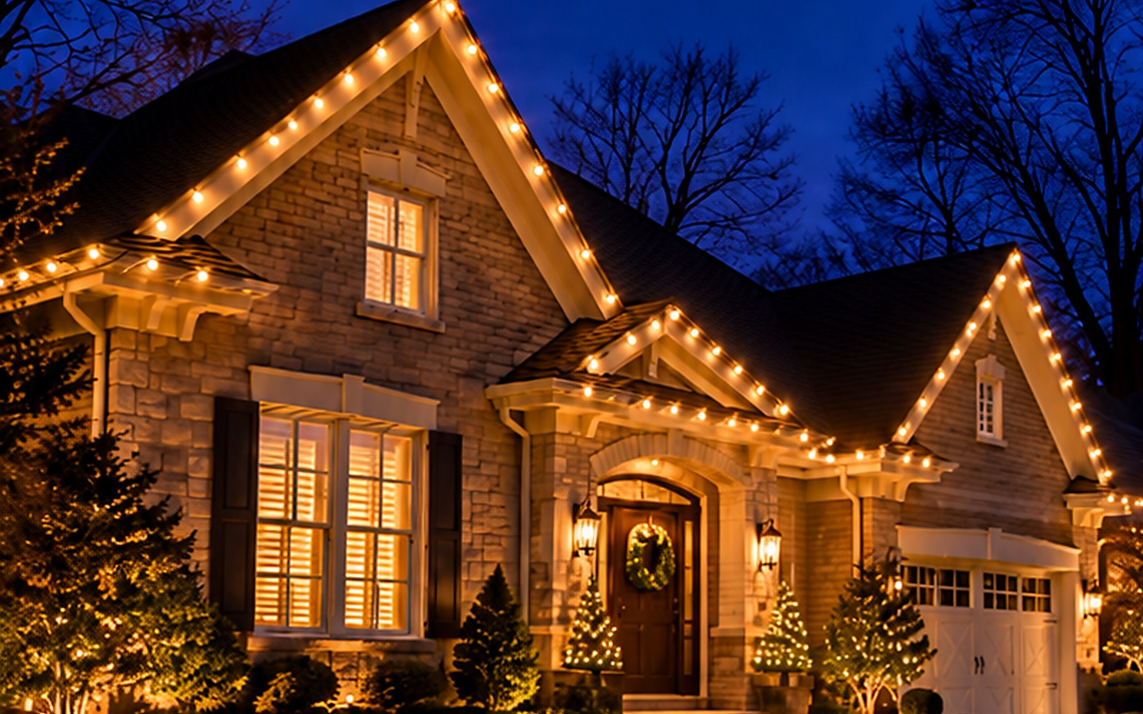 Example warm white holiday lighting on a home exterior