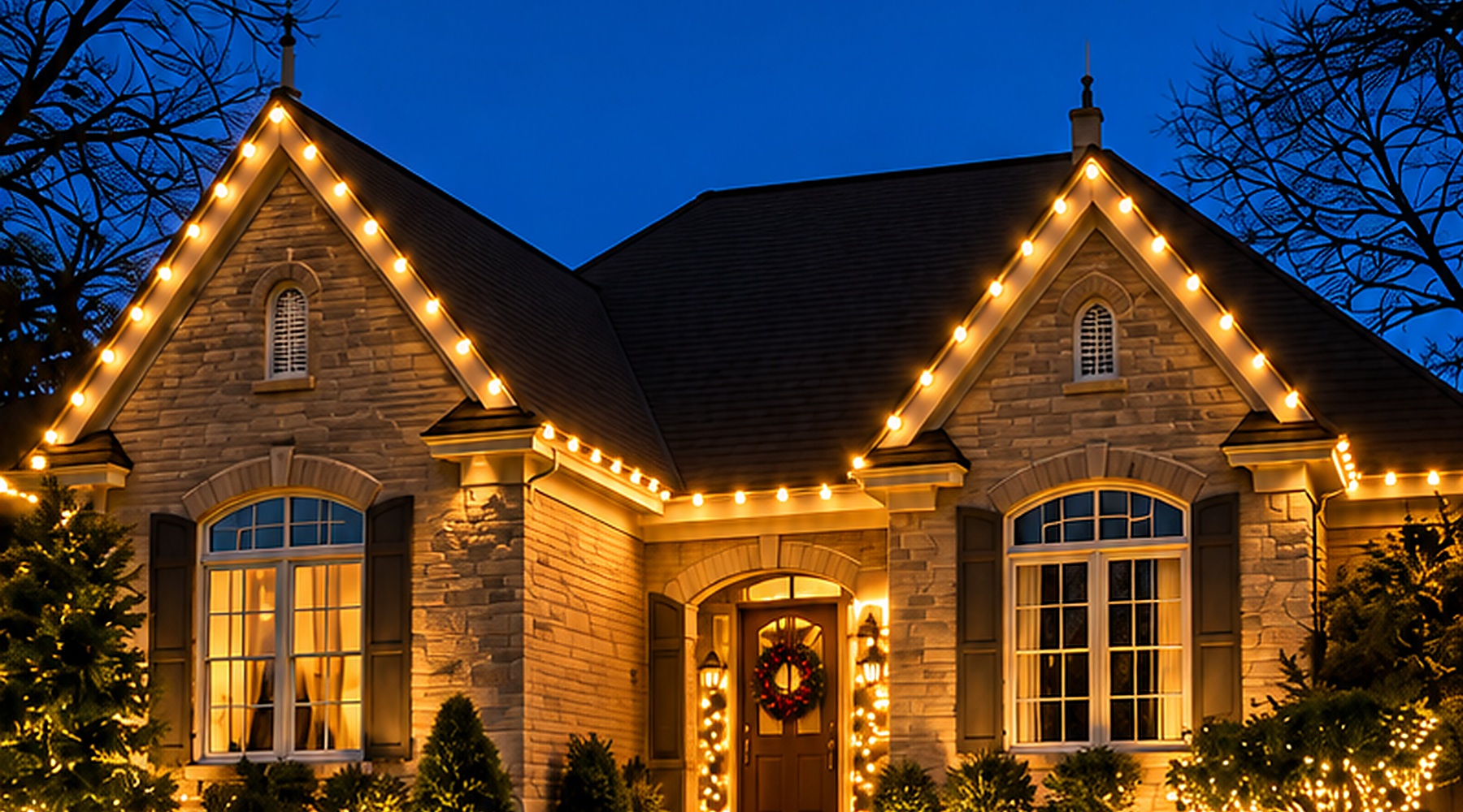 Home at night with clean warm white holiday roofline lighting